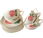 Vintage Red Wing Pottery Lexington Rose Pattern Set of 6 Cups & Saucers