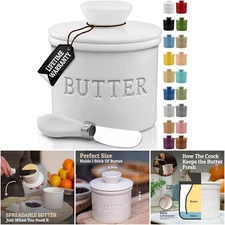 White Ceramic Butter Crock With Lid Water Line French Counter Top Dish