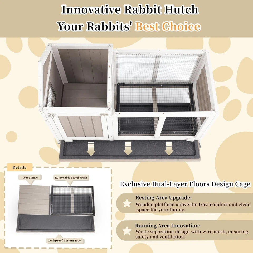 Petscosset 2 Story Outdoor Rabbit Hutch Wooden Bunny Cage Indoor House,Grey - Image 3 of 4