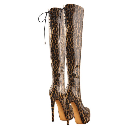 Botas de plataforma de tacón alto para mujer Onlymaker de leopardo sobre la rodilla con cordones zapatos - Imagen 3 de 12