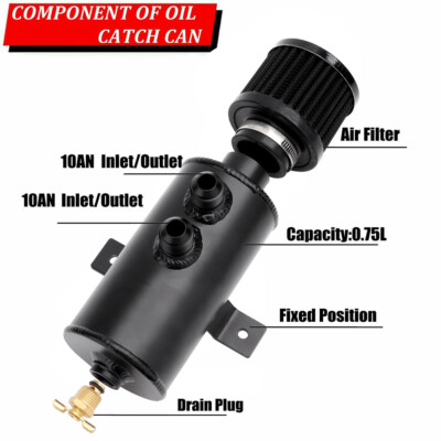 Black Baffled Oil Catch Can Kit With 10AN Fittings & Breather Filter - Universal