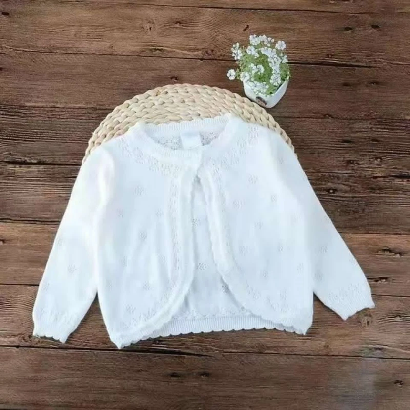 Cárdigan de punto para niñas de algodón puro ahuecado ropa exterior chal pequeño niño suéter abrigo Foto 3 de 4