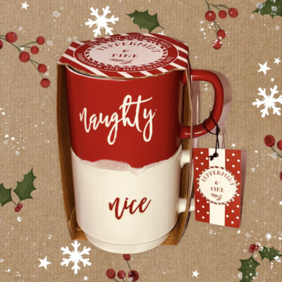 Stackable Coffee Cups Gift Set (2) Naughty Nice 14oz Mugs Christmas Holiday NWT