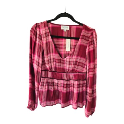 Francesca's Blouse Women Sz S Plaid Long Sleeves Pleated Colorful Peasant Gothic