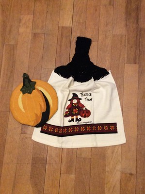Patchwork Witch Halloween Kitchen Towel and Pumpkin Hot Pad - 2 Piece Set