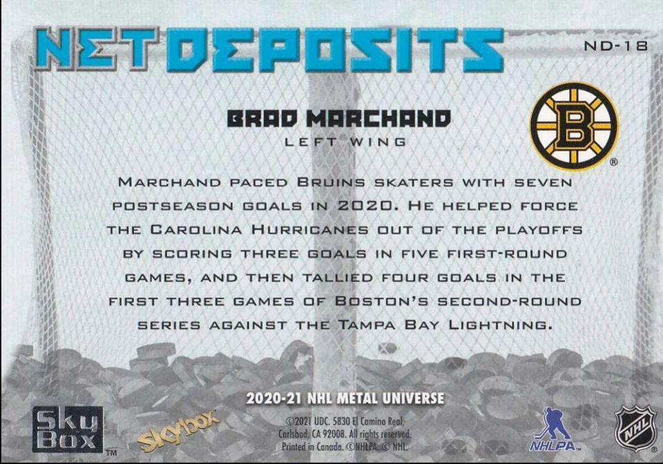 2020-21 Skybox Metal Universe Net Deposits Brad Marchand Boston Bruins #ND-18 - Image 2 of 2