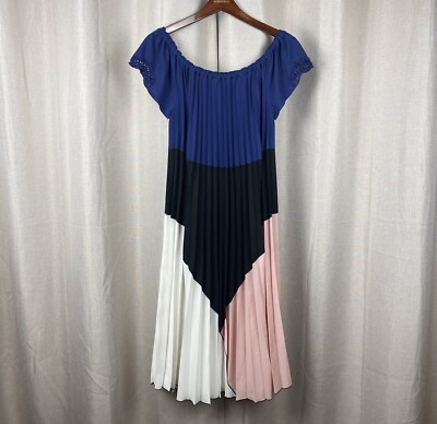strapless open back dress Blue Multi Pleated Chiffon Floral Color Block Midi Trapeze Dress main image 0