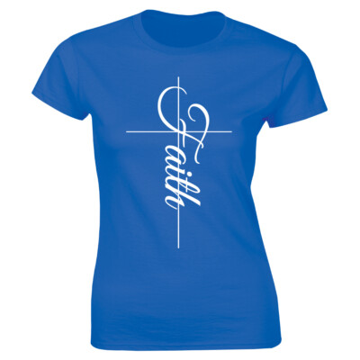 Faith with Cross Image Short Sleeve Blue T-Shirt for Women
