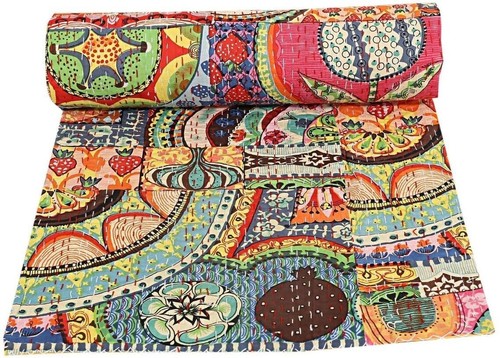 Indian Cotton Kantha Quilt Throw Blanket Bohemian Handmade King Multi Bedspread - Picture 4 of 5