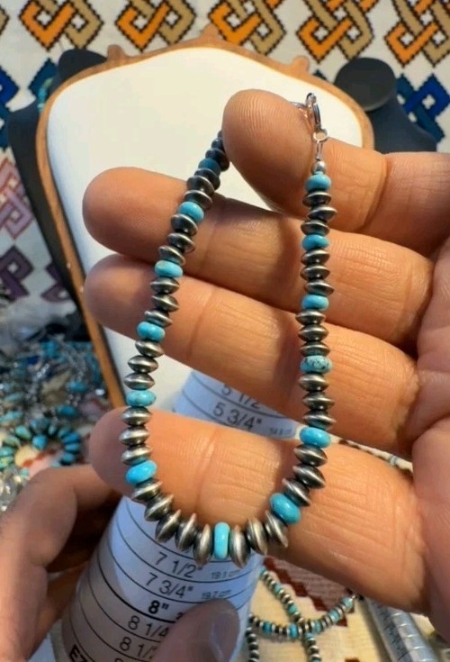 Native American Sterling Silver Handmade Pearl Turquoise Bracelet Preston Haley 