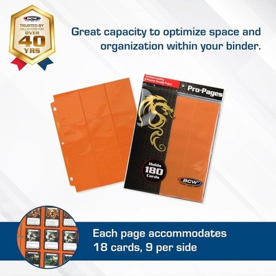 Gaming Cards Album Pages 10 Side Loading 18 Pocket Pro Binder Sheets Orange BCW