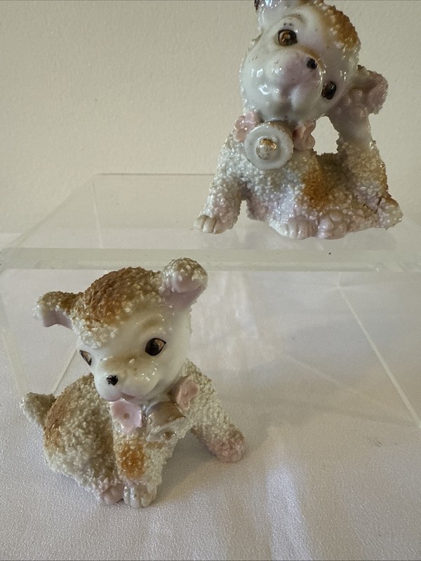2 Vintage Sugar Glazed Ceramic Puppy Dog Figurines Made In Japan  2 3/4”