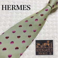 USED Tie HERMES Tie Gradient polka dots all over pattern 100 silk Green x Pink