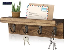 Rustic Key Holder for Wall, Farmhouse Wall Shelf with 4 Hooks, Wall Mounted Key 