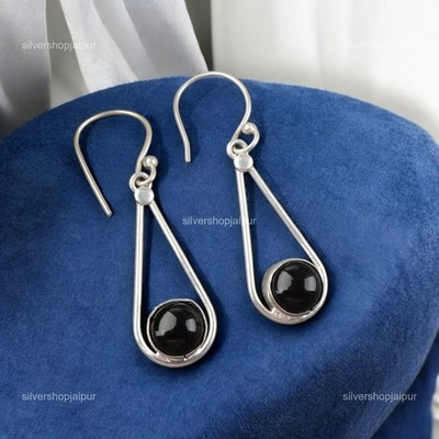 925 Solid Silver Round Natural Black Tourmaline Birthday Drop Good Luck Earrings