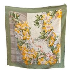 Vintage Floral Silk Scarf Yellow Lily Botanical Print Square Green Elegant