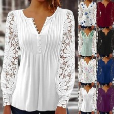 Image of Women V Neck Lace Long Sleeve Tops Button Up Ladies OL Work Casual Blouse Shirt