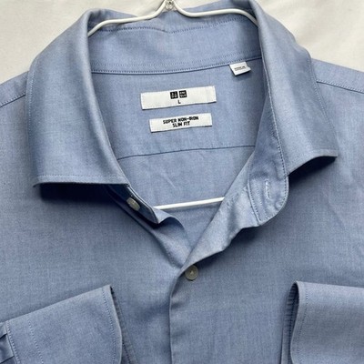 Uniqlo Shirt Super Non-Iron Slim Fit Mens L Blue Cotton Long Sleeve Business