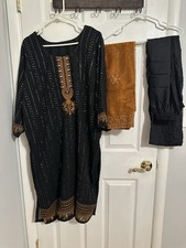 Black and Gold Embroidered Georgette Blend Salwar Kameez with Dupatta for Women