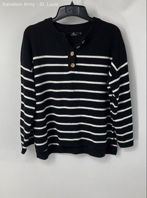 Lillusory Womens Black White Striped Long Sleeve Pullover Sweater Size Large