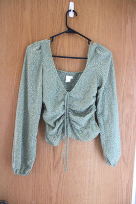 H&M Green Floral Cropped Tie Long Sleeve Blousey Shirt, Size XS