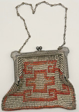 Vintage Art Deco Flapper Beaded Mesh Evening Purse w/ Chain Handle Red White