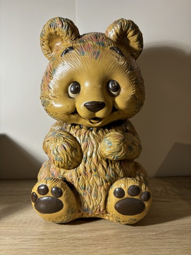 Vintage Heavy Ceramic Teddy Bear Coin Bank/ Hand Painted/ 11.5" Tall