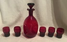 Vintage Blenko 49 Pinched Decanter W/Stopper Ruby Red 5 Shot Glasses