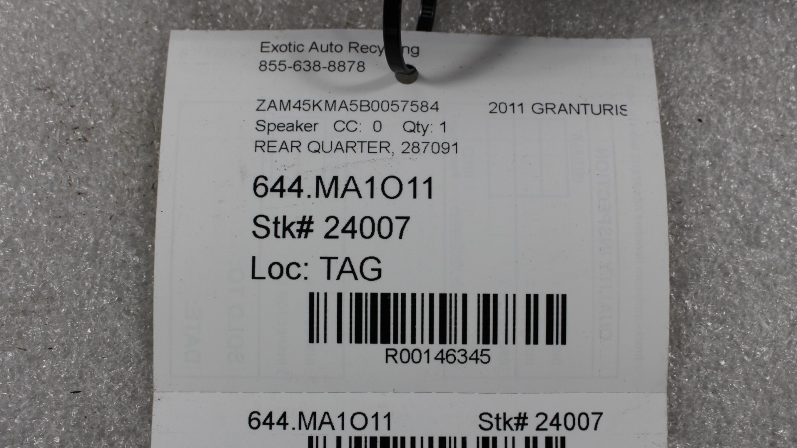 Maserati Granturismo Cabrio, Rear Quarter Panel Speaker, Used, P/N 283606