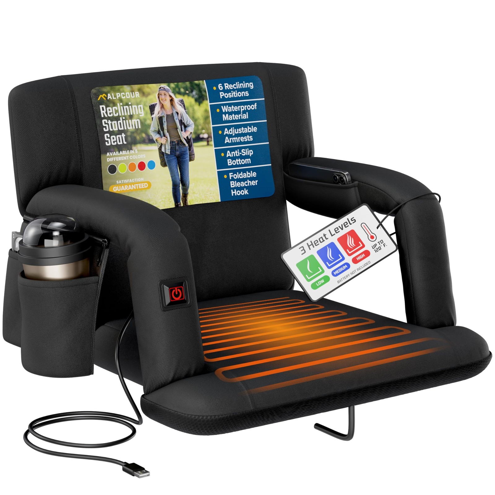 Alpcour Heated Reclining Stadium Seat for Bleachers – Wide Bleacher Chair
