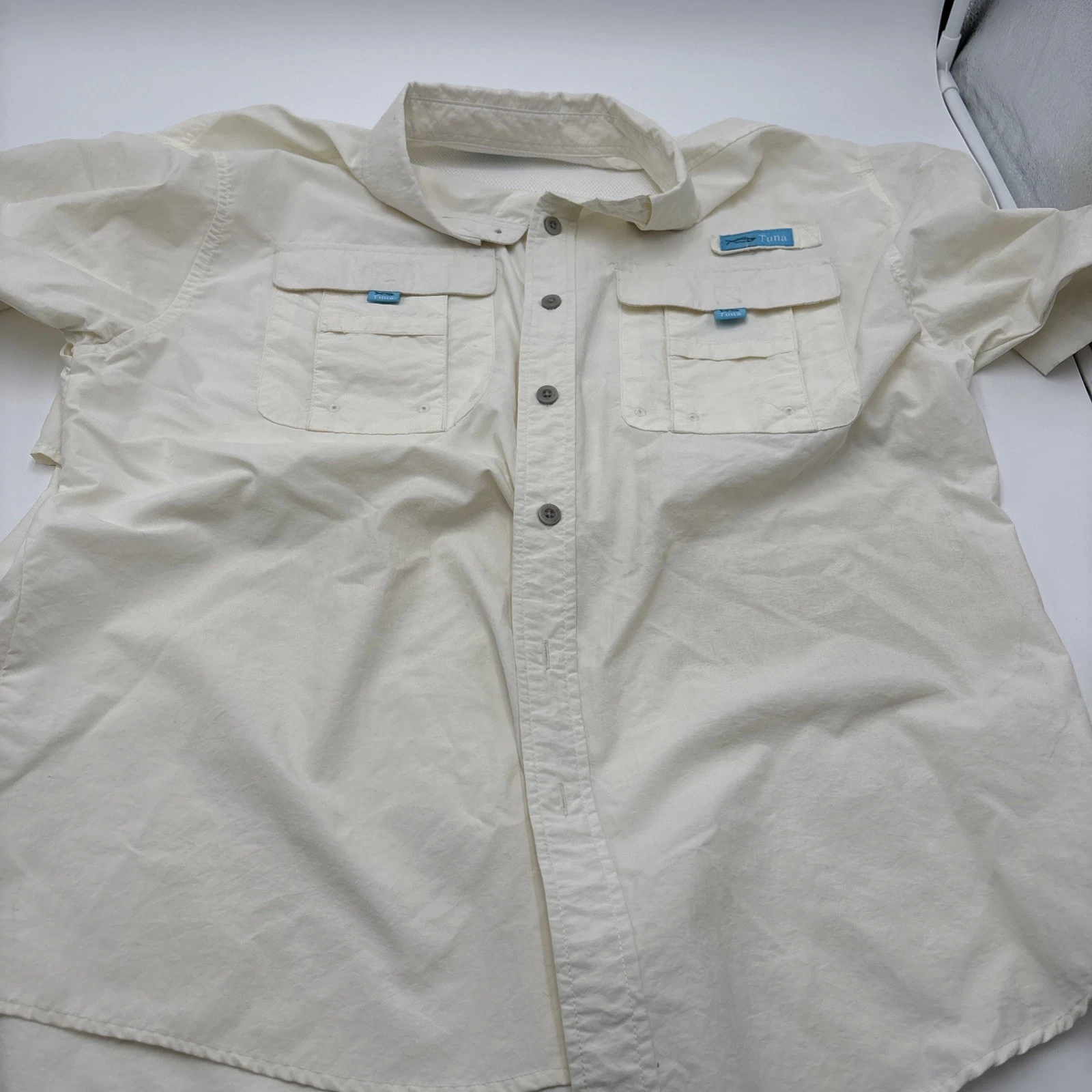 Tuna Fishing Shirt Mens Large Ivory Salt Water Button Down Nylon Polyester
