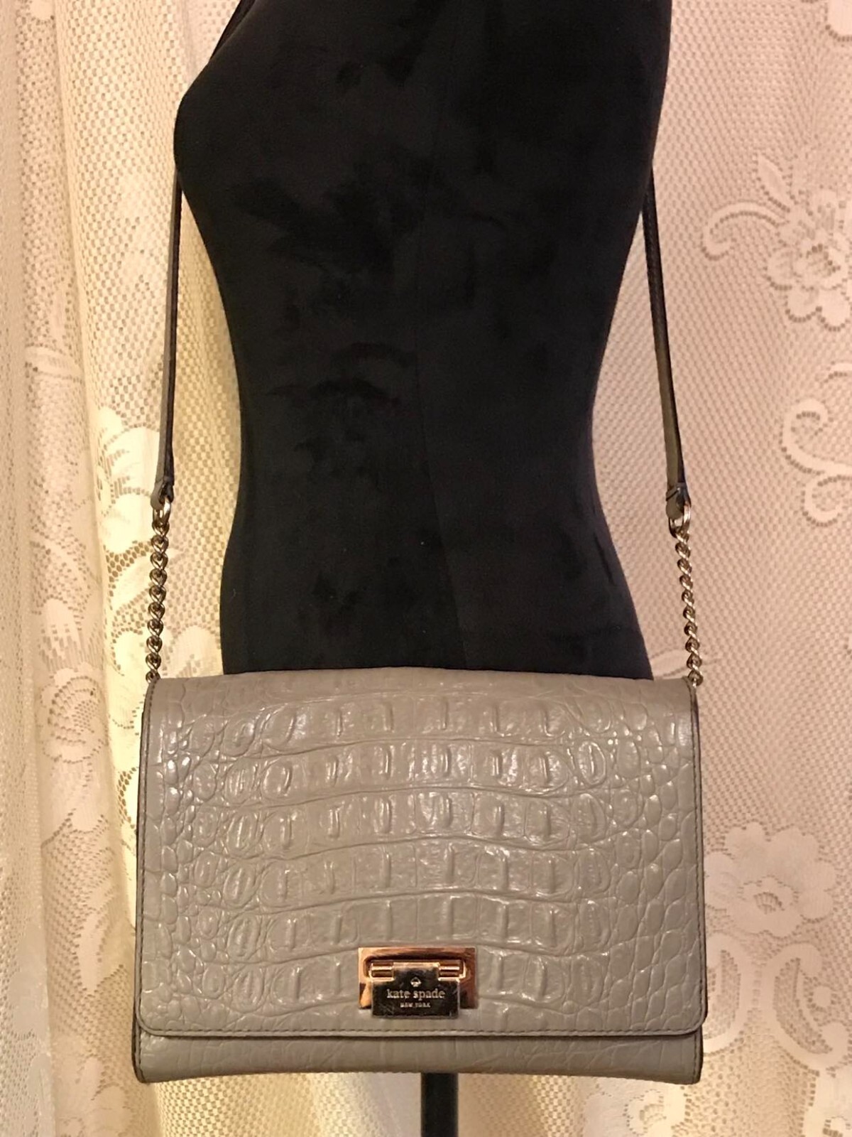 Kate Spade Gray Croc Embossed Harwood Fiona Crossbody with Leather Chain Strap  