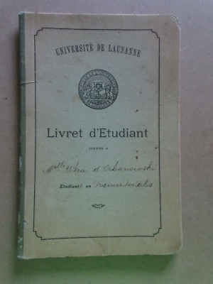 UNIVERSITY of LAUSANNE Switzerland STUDENT BOOKLET 1930