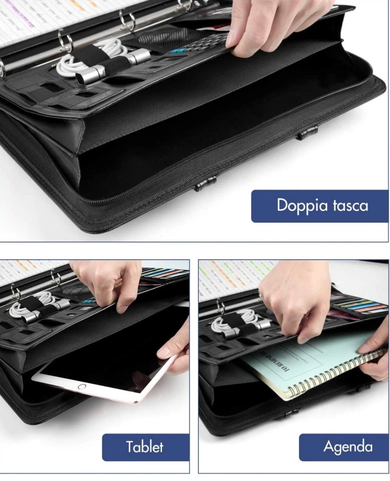 Cartella Portadocumenti A4 Con Cerniera Pelle Impermeabile Organizer Da Viaggio - Immagine 4 di 4