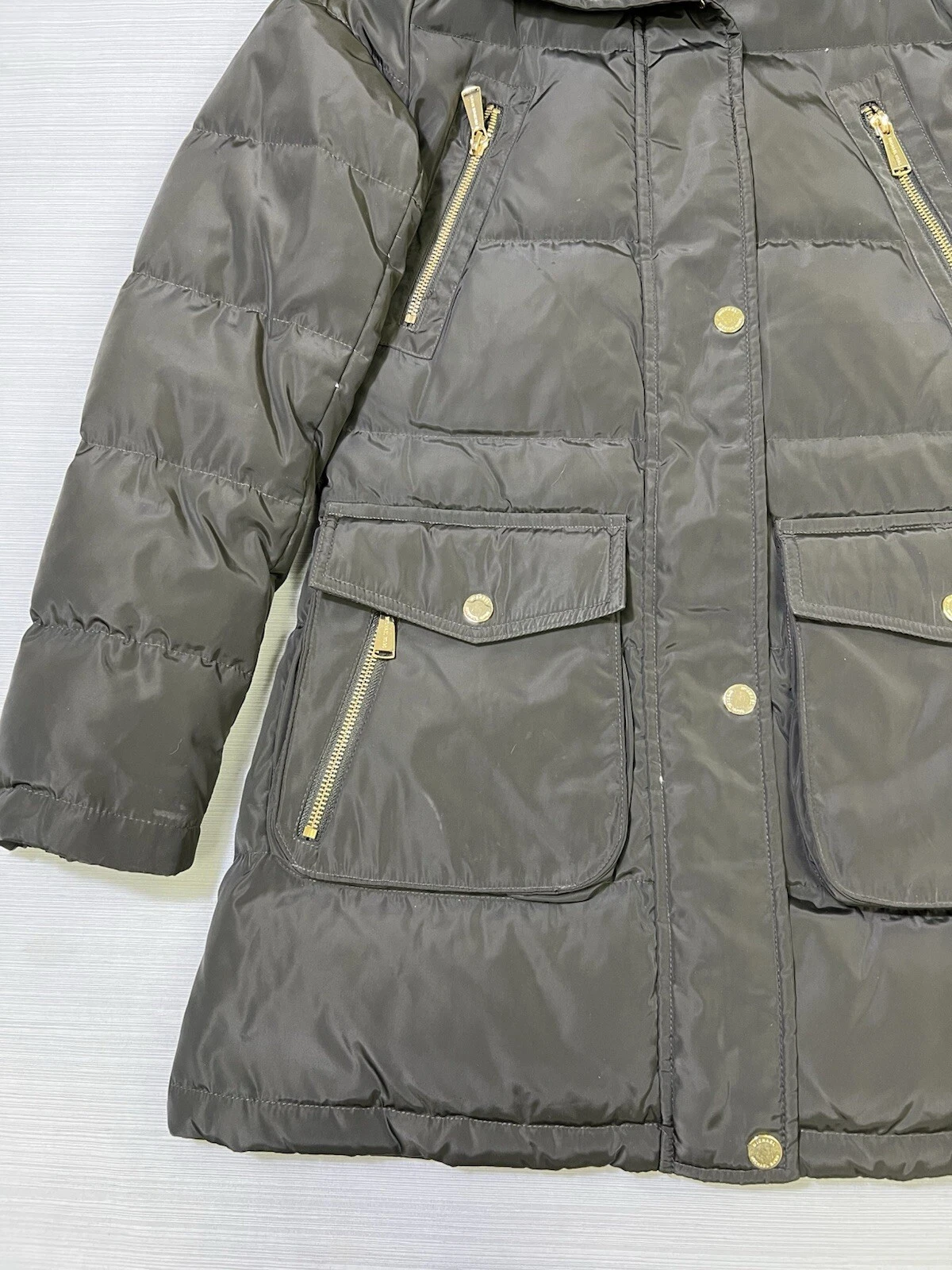 Parka donna Michael Kors piumino pelliccia sintetica cappuccio puffer trapuntato cappotto cintura taglia XS