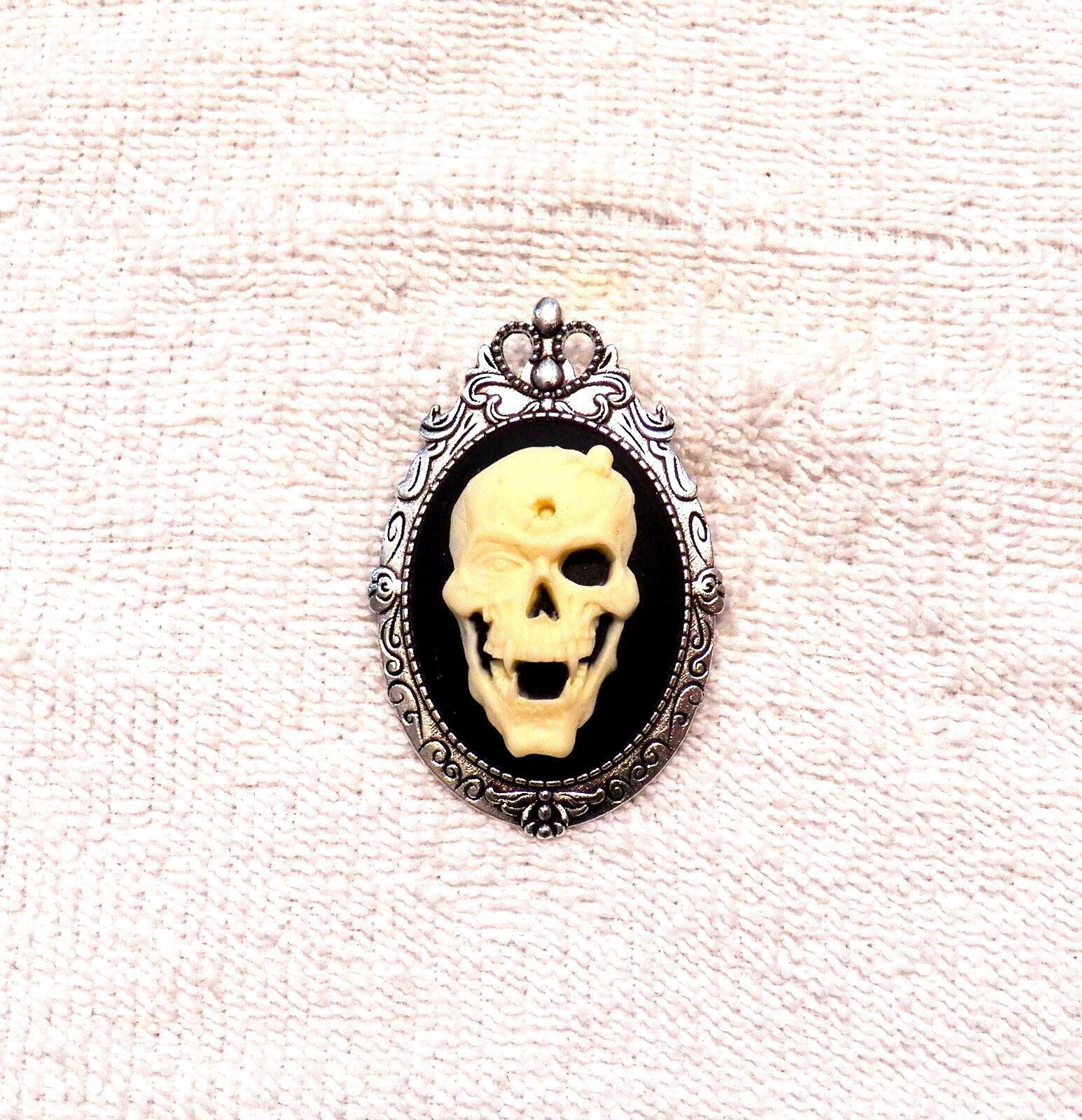 Spooky Victorian Cameo Brooch with Skeleton Skull for Halloween
