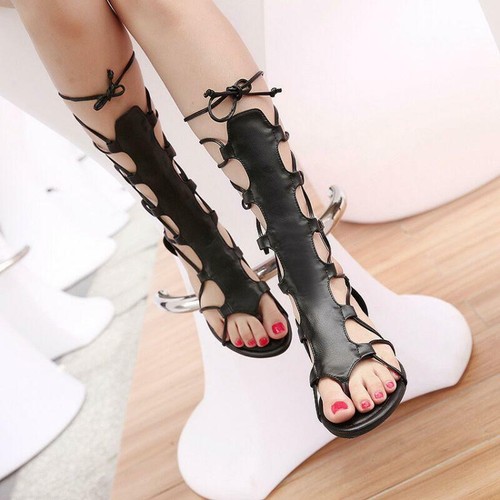 Womens Flat Lace Up Gladiator Sandals Knee High Summer Boots Lace Up Shoes New - Picture 8 of 14