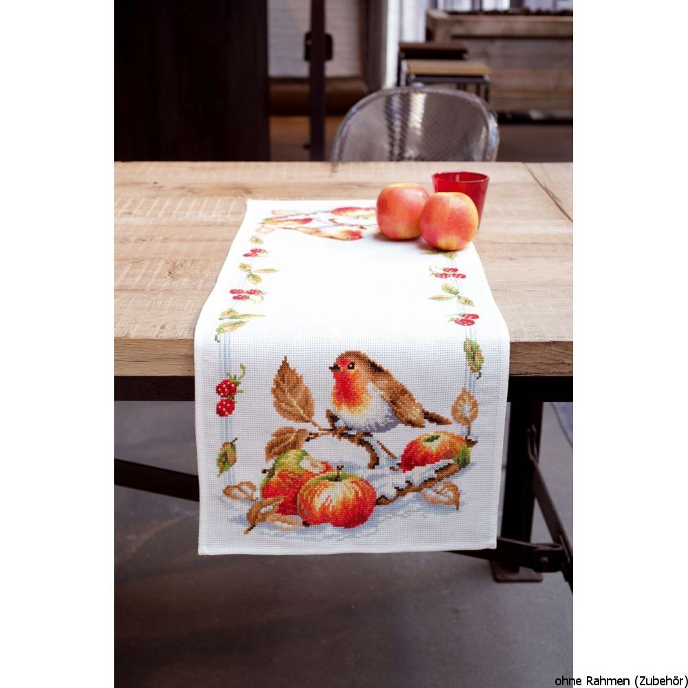 Vervaco Aida table runner stitch embroidery kit Robin redbreast with apples, cou