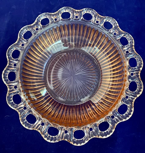 Vintage Anchor Hocking Glass Bowl Open Lace Edge 9.5” Depression Era Design