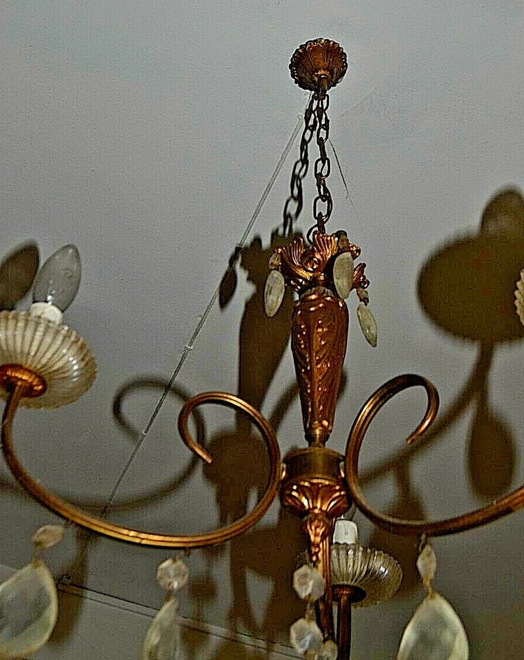 ANCIEN LUSTRE EN BRONZE ET PAMPILLE LAMPE PAS DE CHEVET PLAFONNIER BOUILLOTTE - Photo 4/4