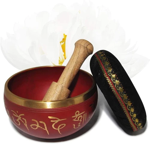 Hand Crafted Tibetan 2.5" x 4.5" inch Hammered Red & Gold color Singing Bowl Set