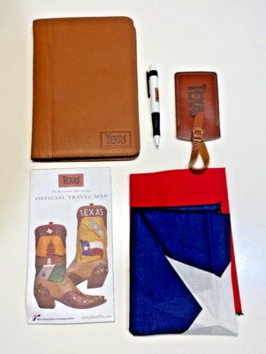 2000s Texas Tourism Promotional Items,  Leather Agenda,  Road Map, Flag, Pen...