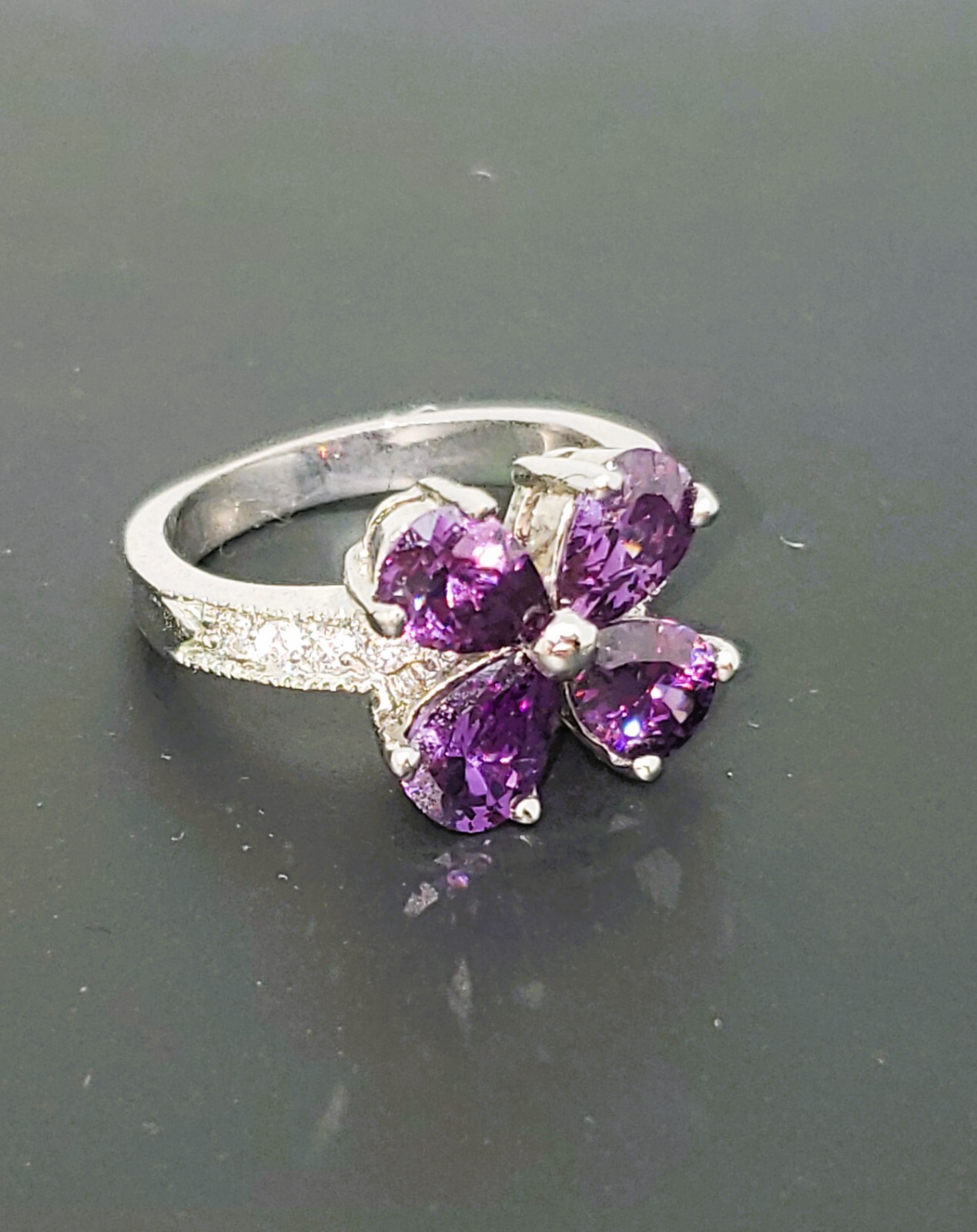 Simulated Amethyst & Rhinestone Silver Tone Flowe… - image 5