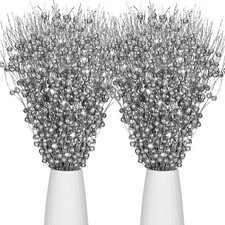 100PCS Christmas Artificial Glitter Berry Stems Ornaments 15.7in Silver bendable