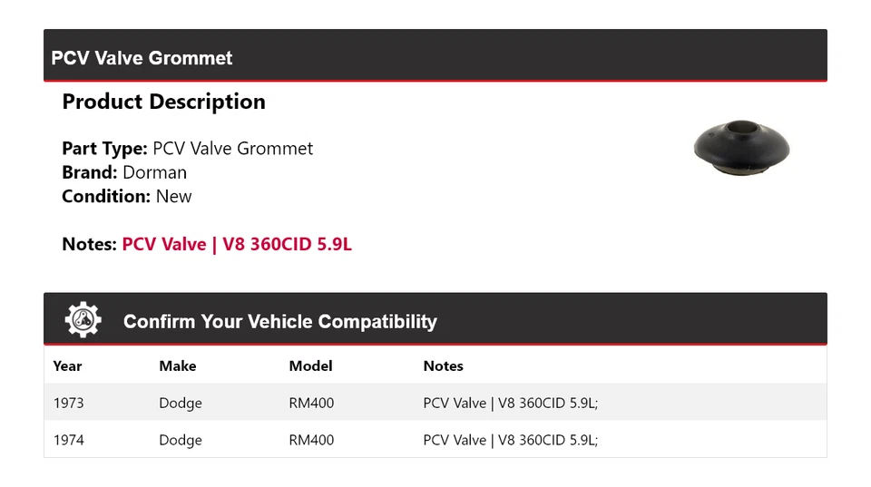 Клапанный люверс для 1973-1974 Dodge RM400 Dorman PCV - Изображение 2 из 4
