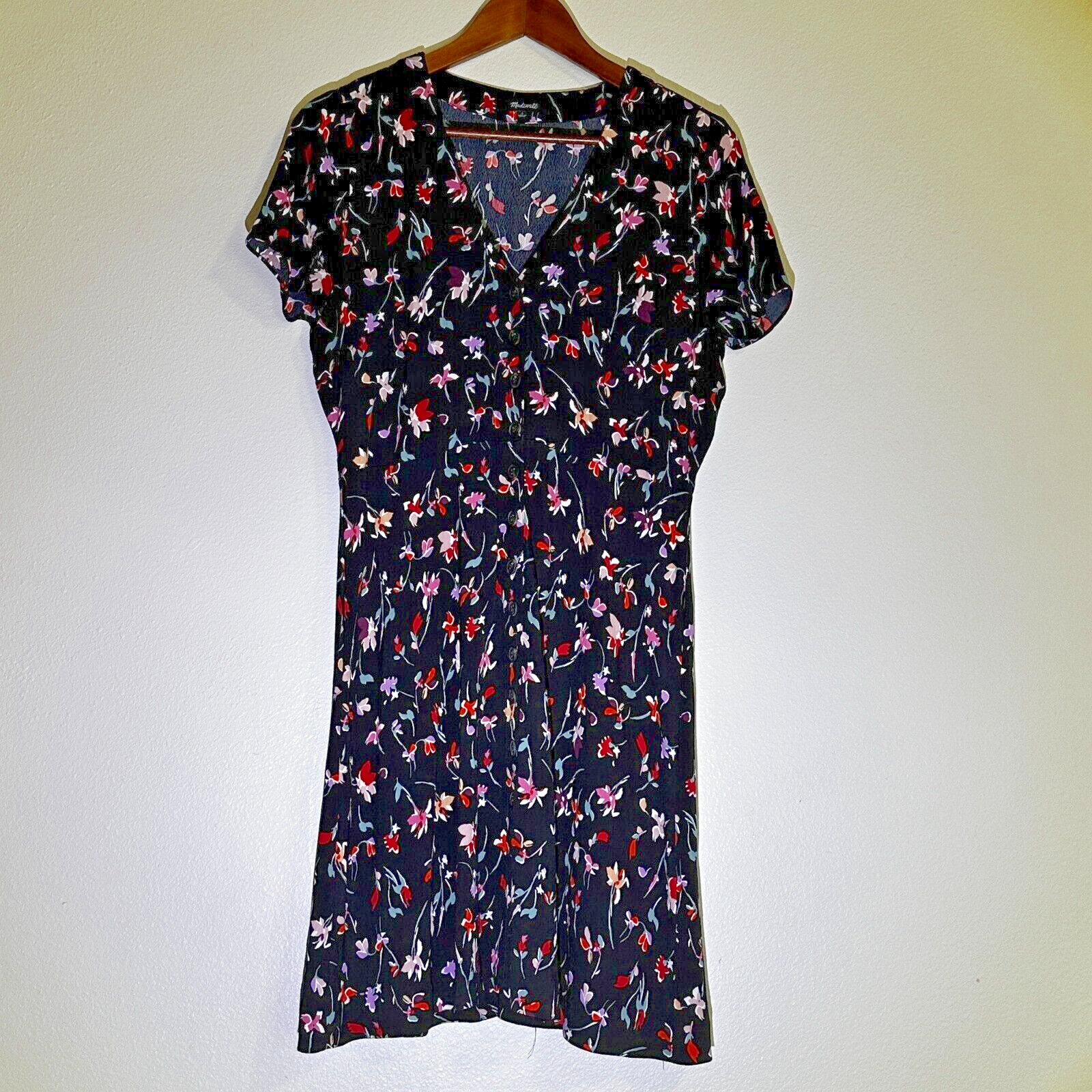 Madewell Women's Dress Black Floral Swing Pinup Retro Button Front Sleeve Size 4
