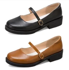 US Women Ankle Strap Buckle Flats Mary Jane Round Toe Low 3CM Heel Shoes 42 43 D