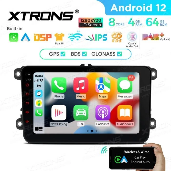 AUTORADIO ANDROID 12 4/64GB STEREO AUTO VOLKSWAGEN SEAT SKODA GOLF POLO XTRONS - Immagine 4 di 4