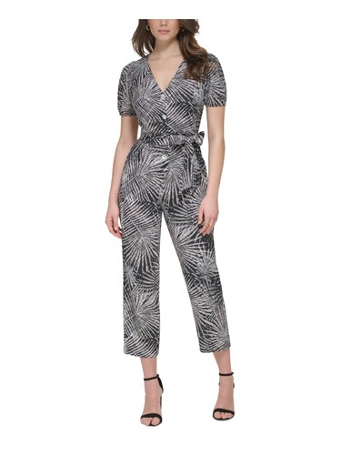KENSIE DRESSES Womens Black Tie Short Sleeve Button Up Cropped Jumpsuit 10 - Picture 5 of 11