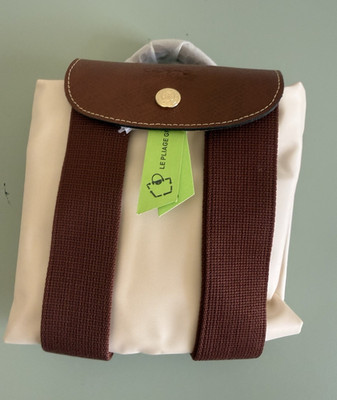 Longchamp Le Pliage Beige/Brown Medium Backpack Gold Hardware Zip Snap Straps